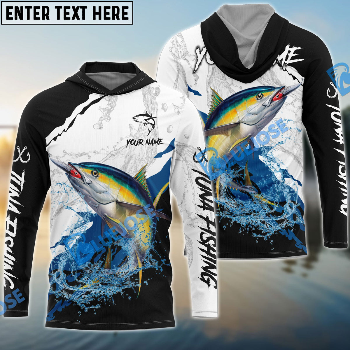BlueJose Tuna Fishing Black White Water Flow Custom Name & Team Name 3D Shirts