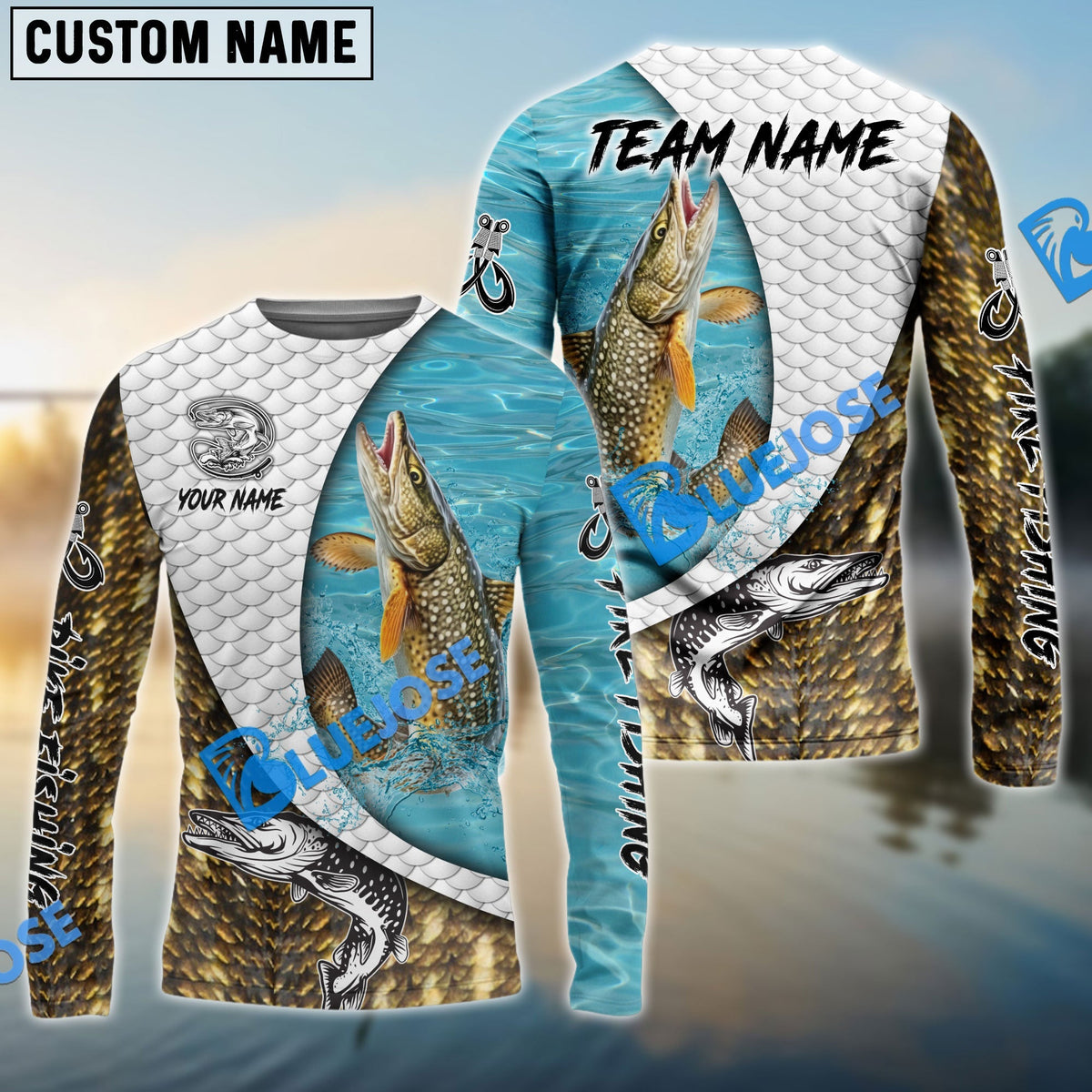BlueJose Pike Fishing White Skin Diagonal Custom Name & Team Name 3D Shirts