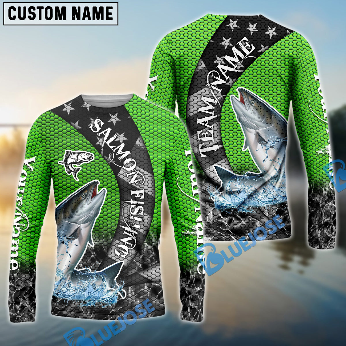 BlueJose Salmon Fishing American Flag Green Stars Custom Name & Team Name 3D Shirts