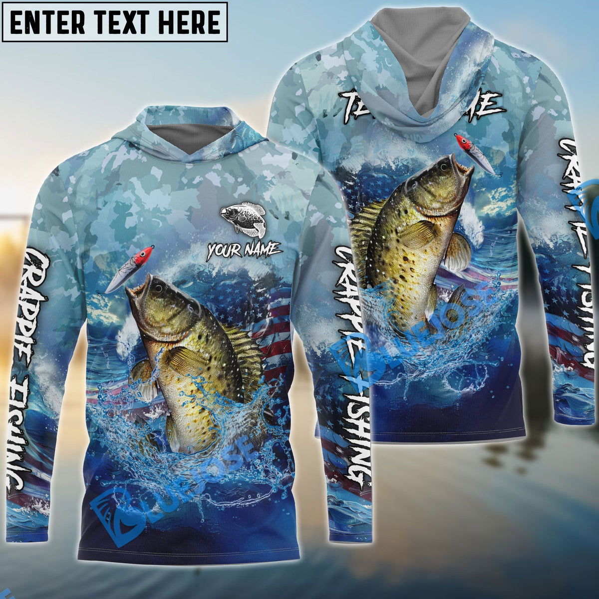 BlueJose Crappie Fishing American Flag Seawave Custom Name & Team Name 3D Shirts