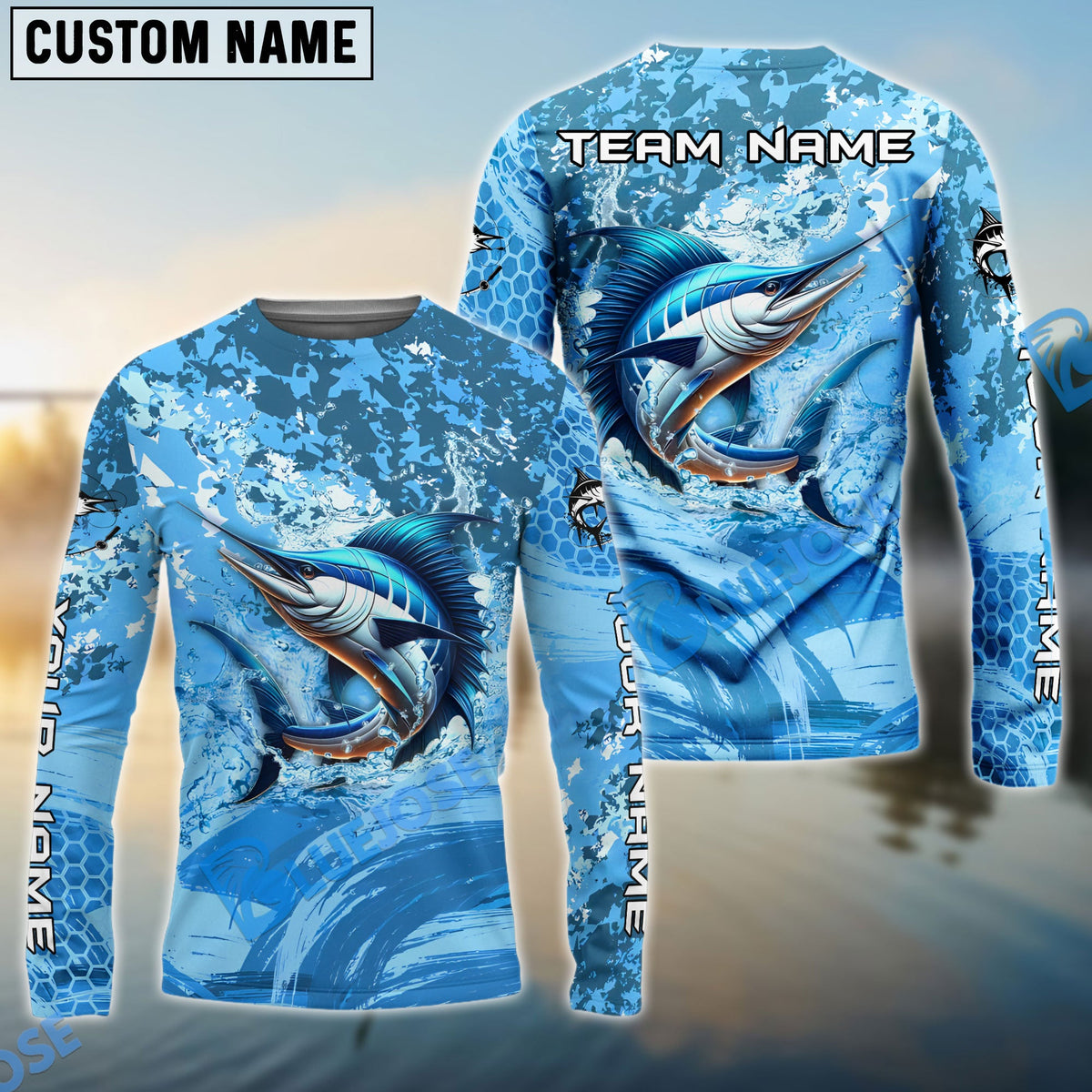 BlueJose Marlin Fishing Catch The Blue Wave Custom Name & Team Name 3D Shirts
