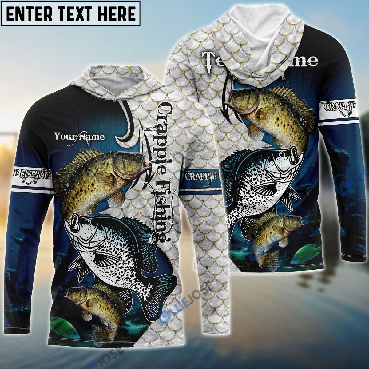 BlueJose Crappie Fishing Big Fin Pattern Custom Name & Team Name 3D Shirts