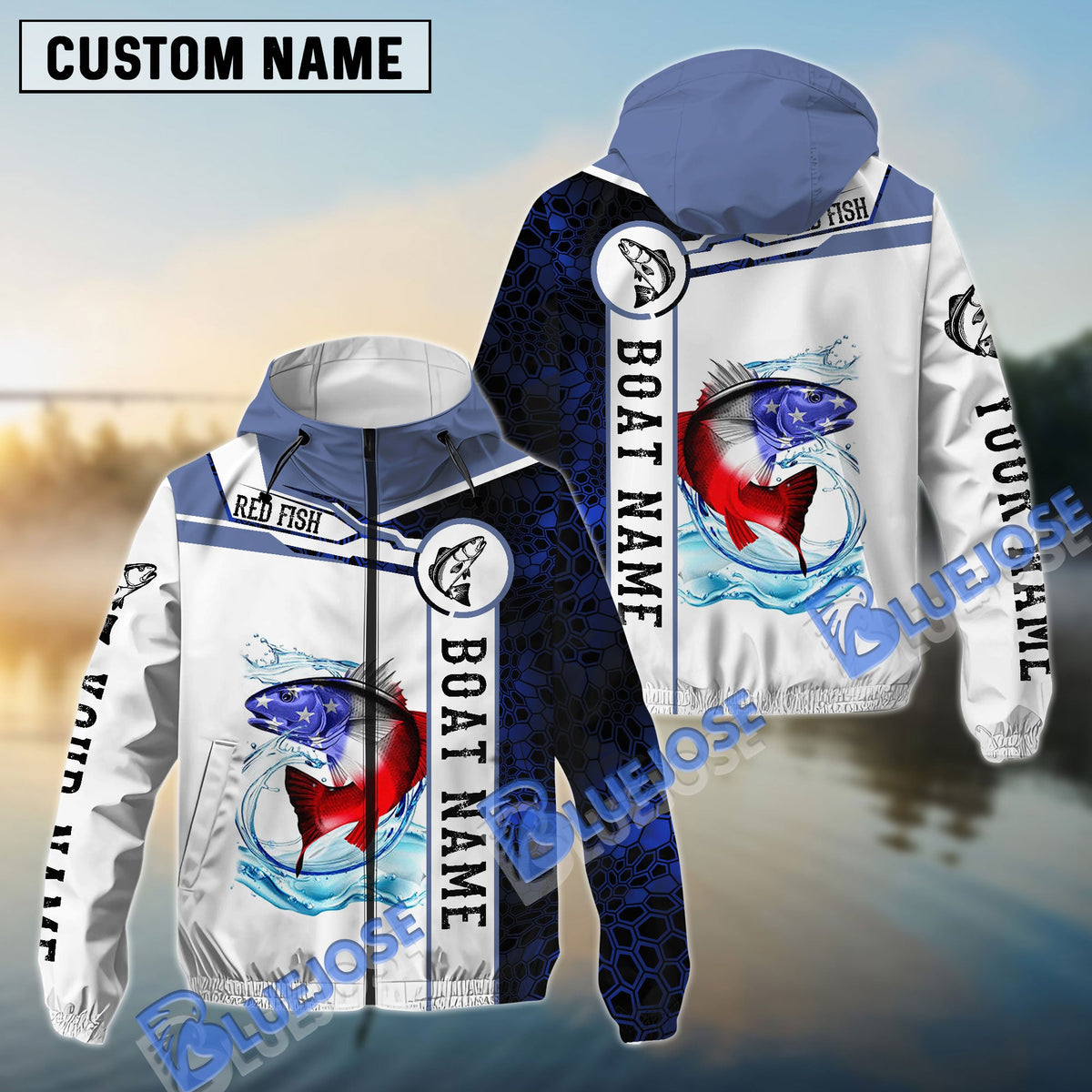 BlueJose Redfish Fishing Blue Camo American Flag Custom Name Windbreaker Jacket