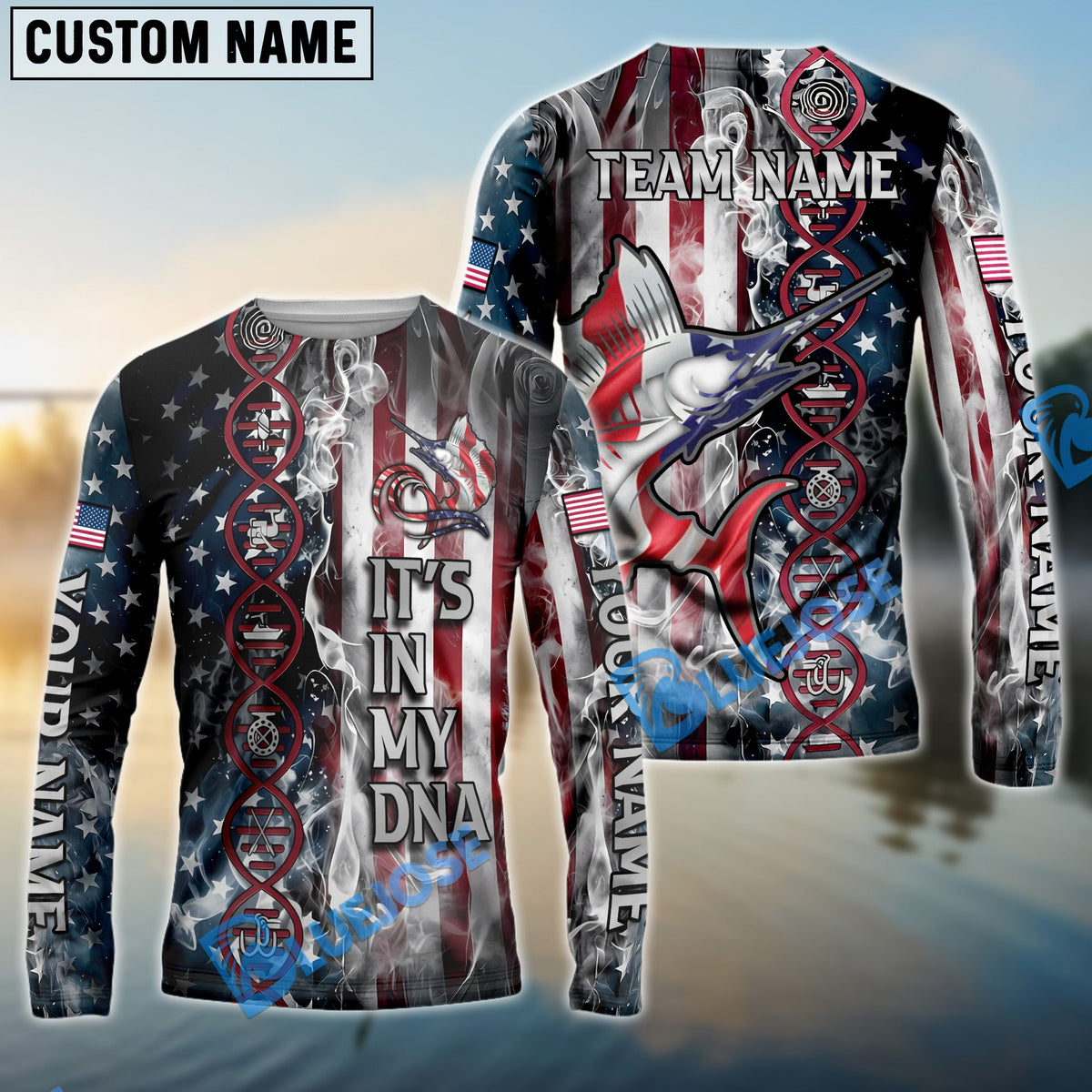 BlueJose Marlin Fishing American Flag Smoke & Red DNA Helix Firefighter Icons Custom Name & Team Name 3D Shirts