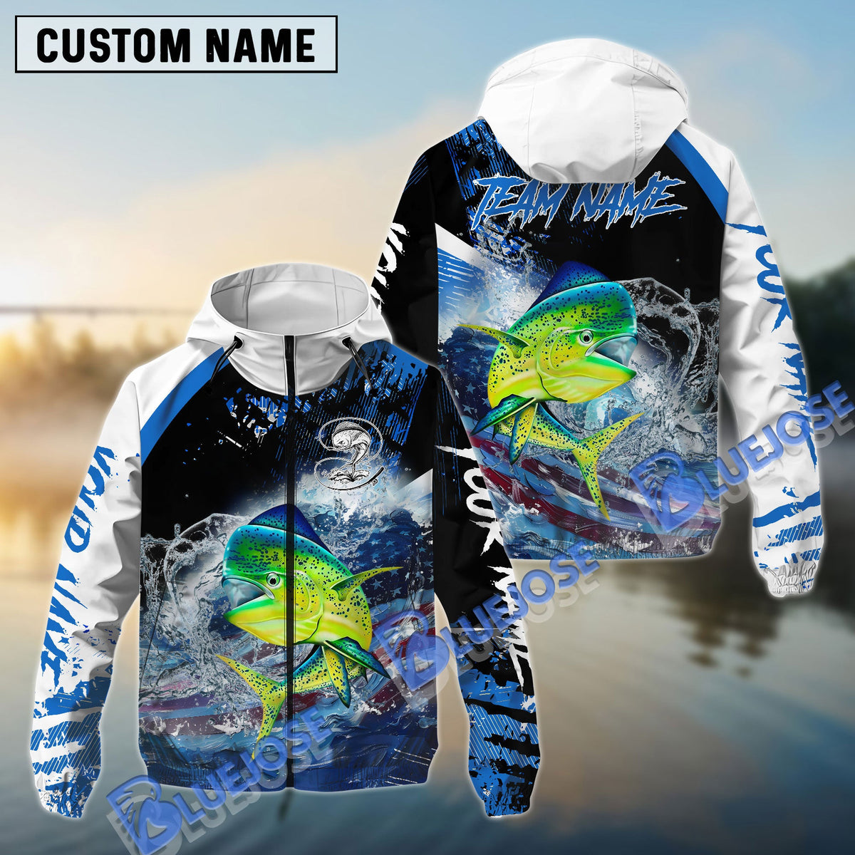 BlueJose Mahi Mahi Fishing American Flag Blue Seawave Custom Name & Team Name 3D Shirts