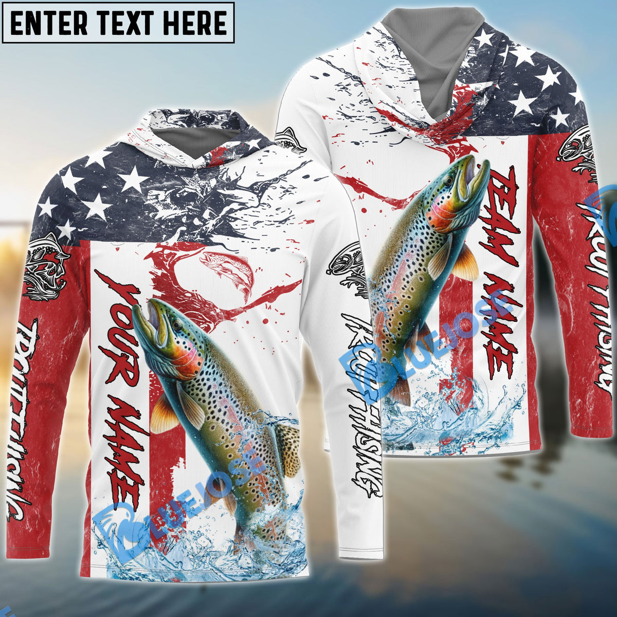 BlueJose Trout Fishing American Flag Red Blue Seawave Custom Name & Team Name 3D Shirts