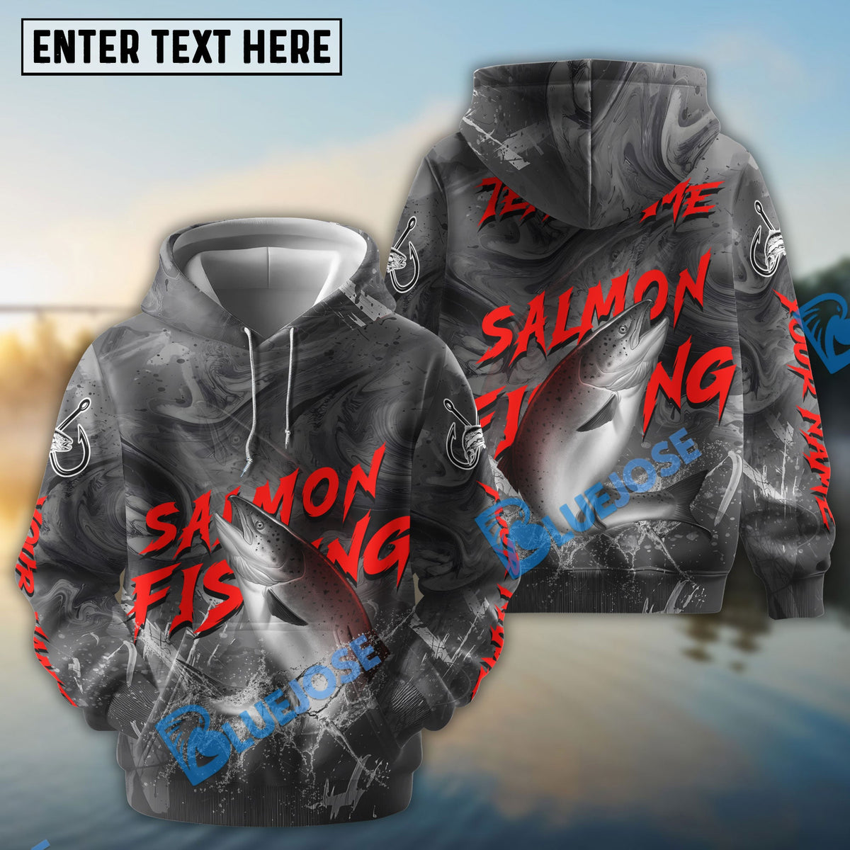 BlueJose Salmon Fishing Red Gray Blur Custom Name & Team Name 3D Shirts
