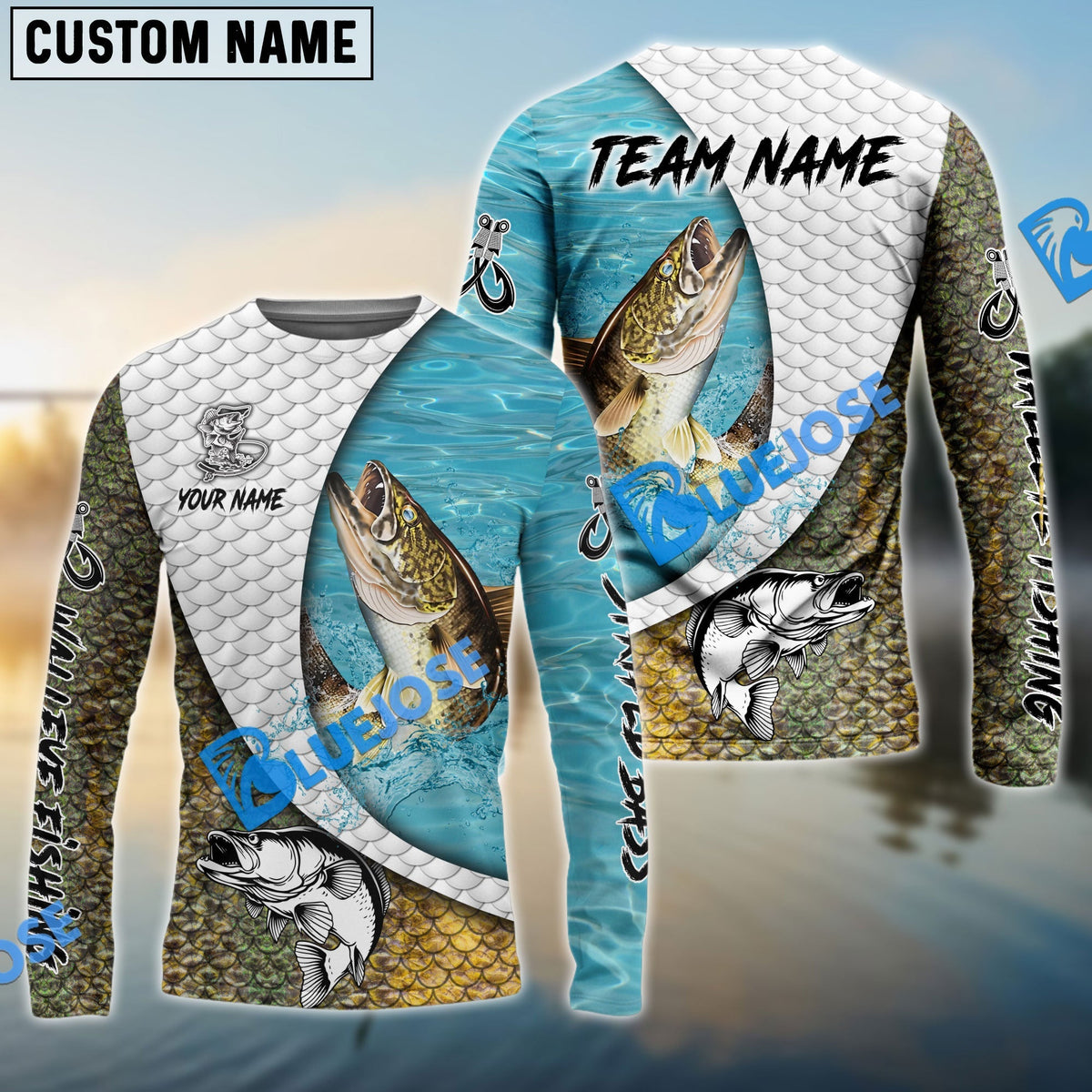 BlueJose Walleye Fishing White Skin Diagonal Custom Name & Team Name 3D Shirts