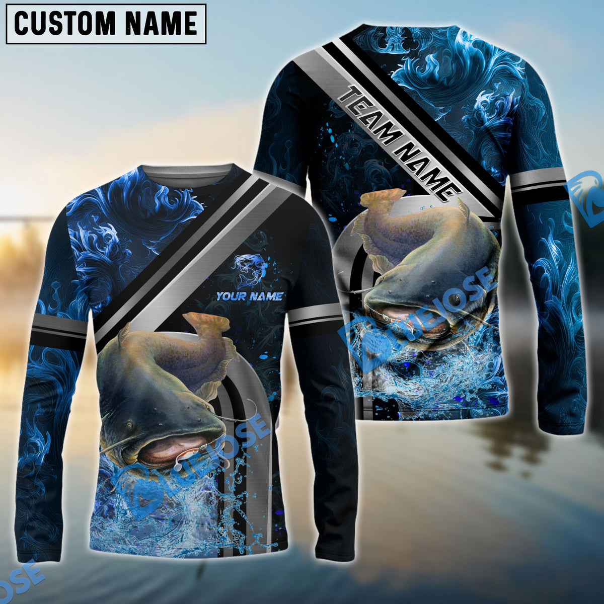 BlueJose Catfish Fishing Ocean Wave Power Custom Name & Team Name 3D Shirts