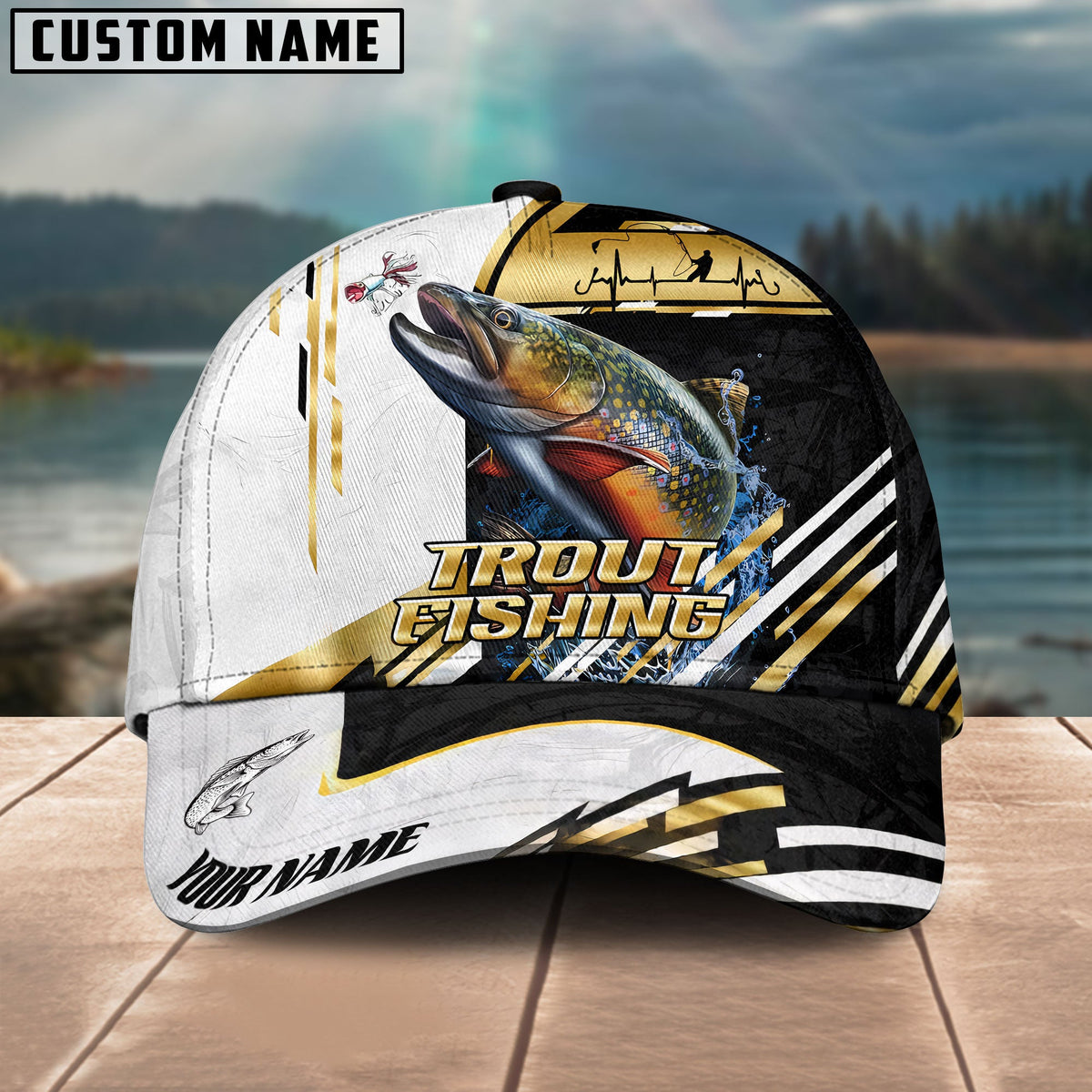 BlueJose Fishing Hook Graphic & Jumping Fish Art Personalized Cap (Tuna, Marlin, Mahi-Mahi, Pike, Bass, Walleye, Trout, Crappie)