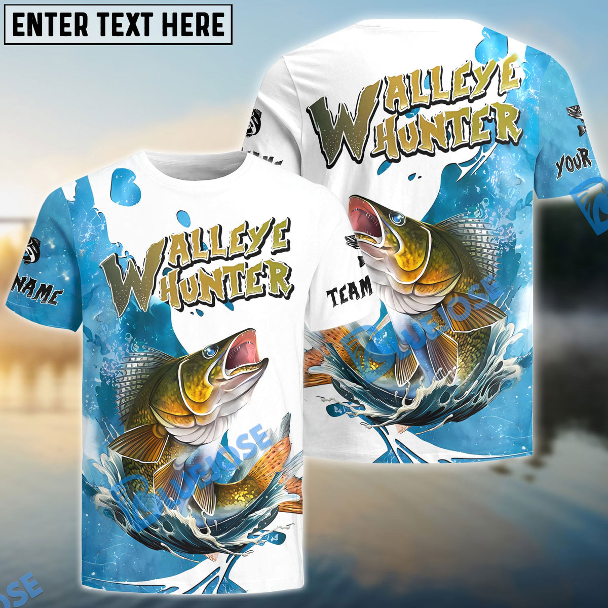 BlueJose Walleye Hunter Fishing Graphic Splash Effect Custom Name & Team Name 3D Shirts