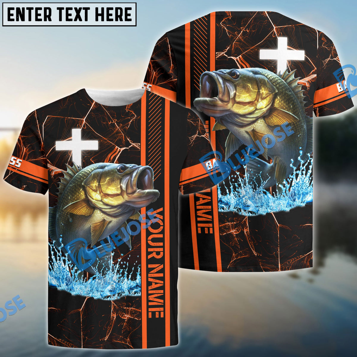 BlueJose Bass Fishing Orange Cross Pattern Custom Name & Team Name 3D Shirts