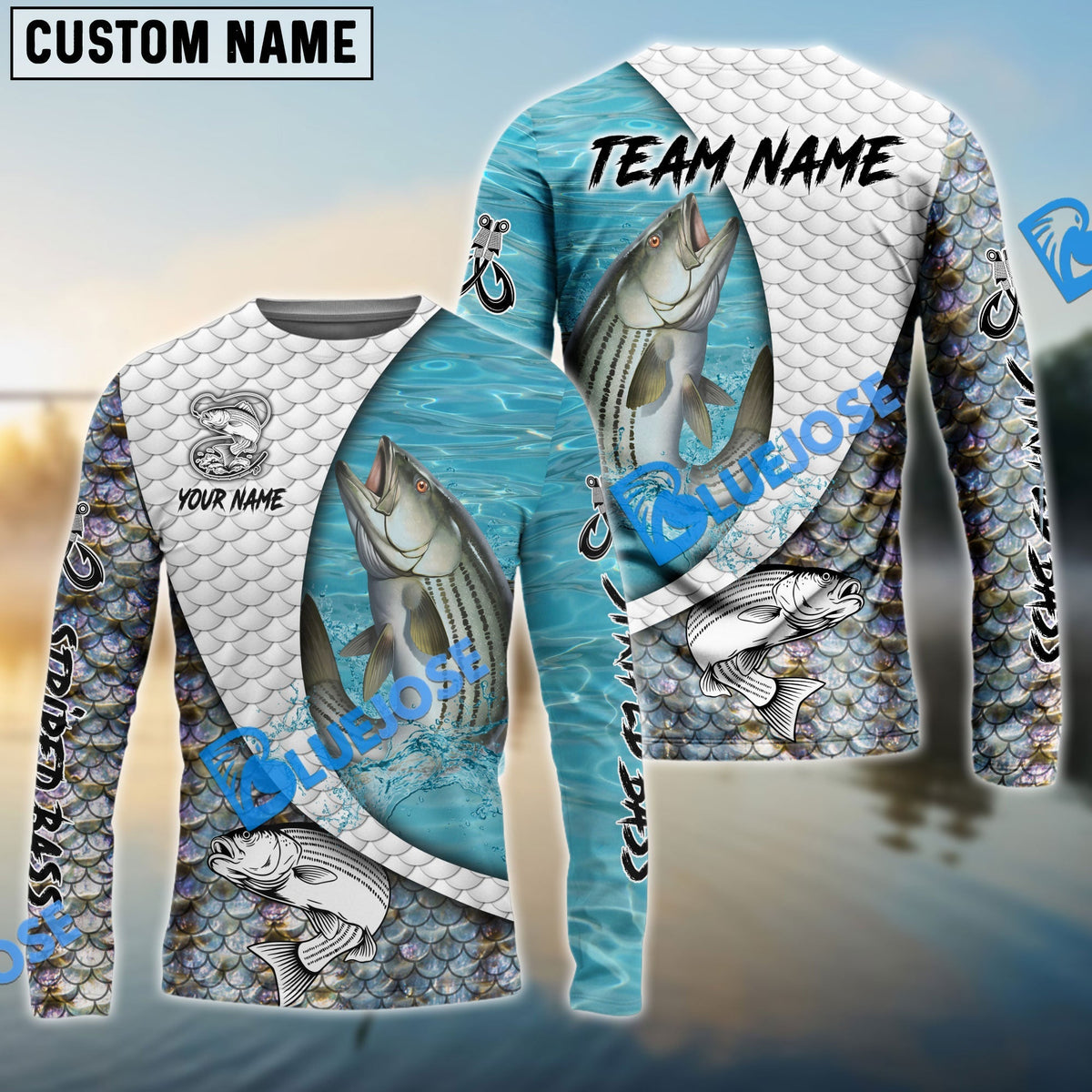 BlueJose Striped Bass Fishing White Skin Diagonal Custom Name & Team Name 3D Shirts