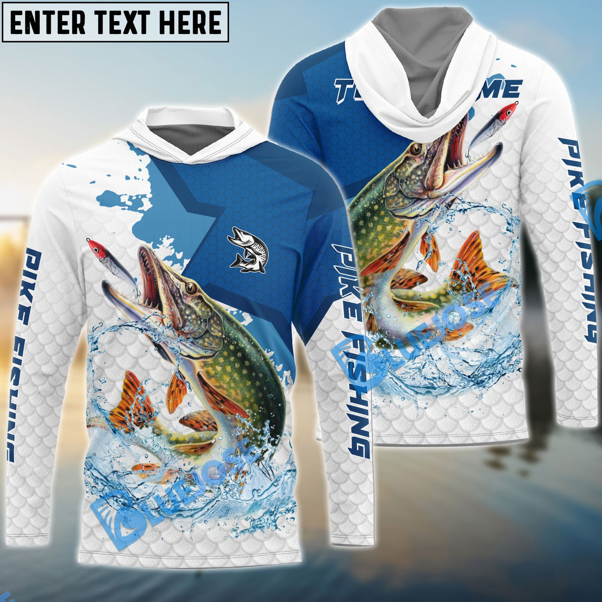 BlueJose Pike Fishing White Fin Blue Paint Sport Custom Name & Team Name 3D Shirts