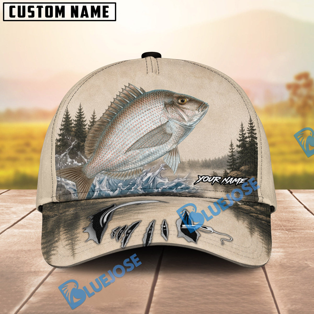 BlueJose Fishing Vintage Lake Scene Personalized Name Classic 3D Cap (13 Breeds)