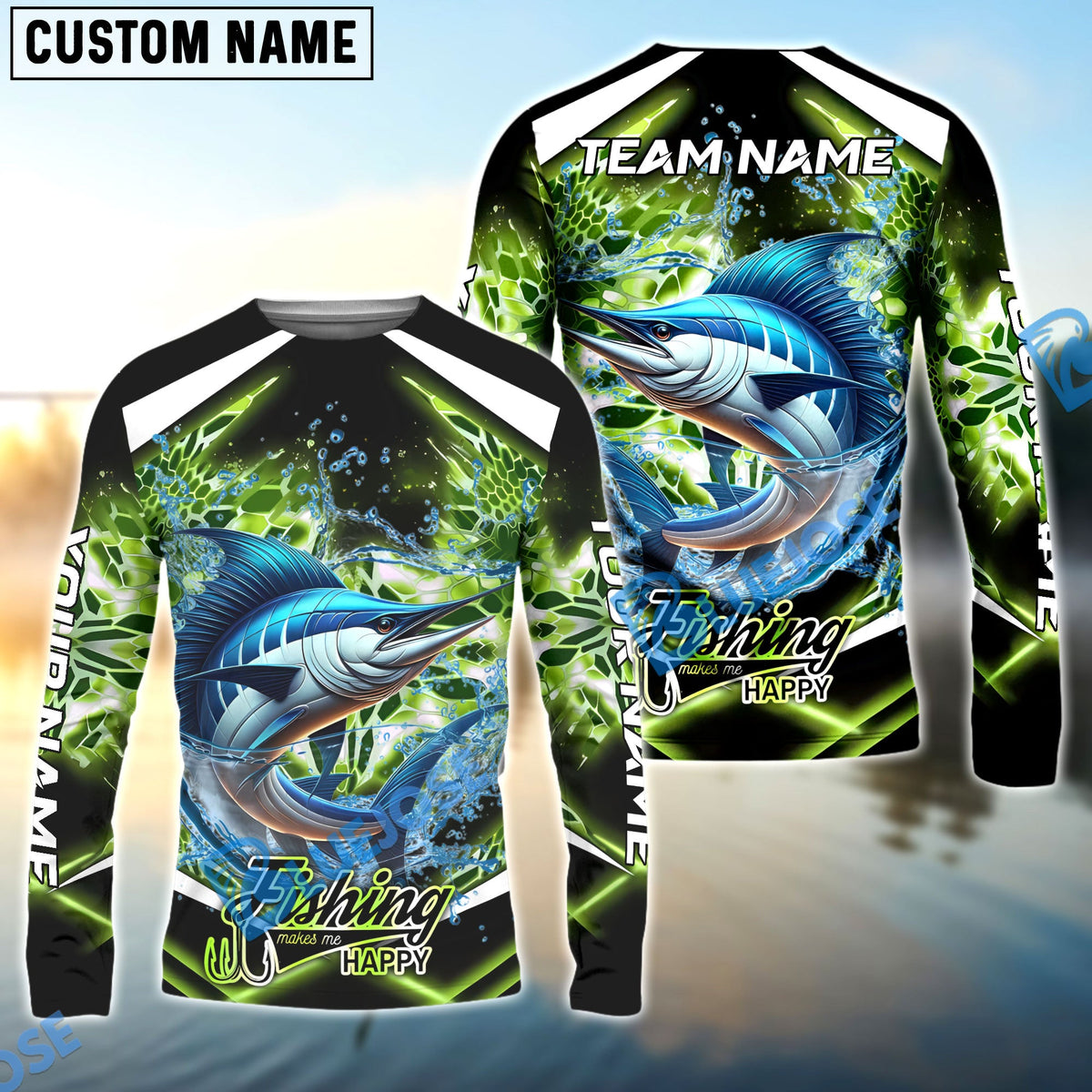 BlueJose Marlin Fishing Green Happy Hook Design Name & Team Name 3D Shirts