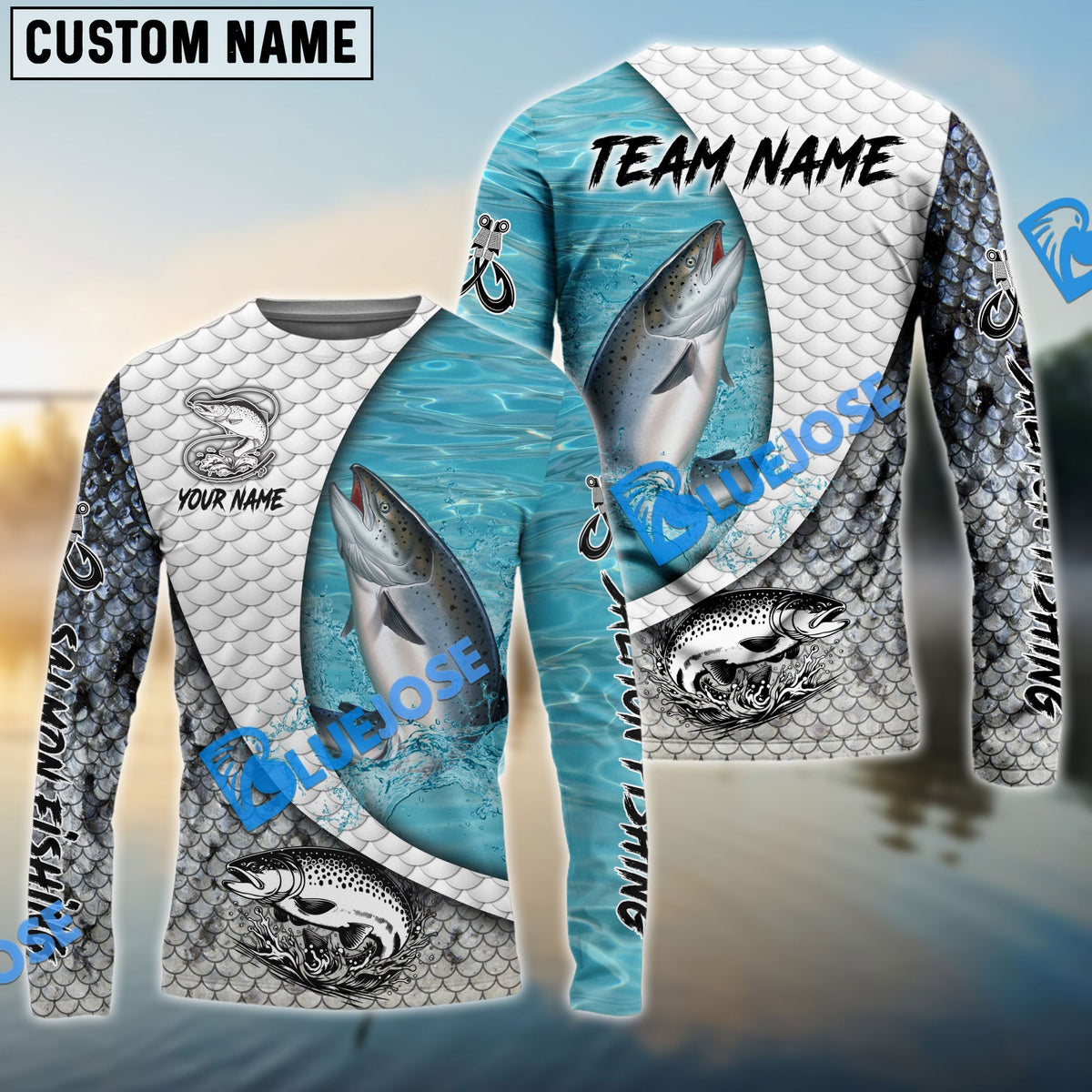 BlueJose Salmon Fishing White Skin Diagonal Custom Name & Team Name 3D Shirts
