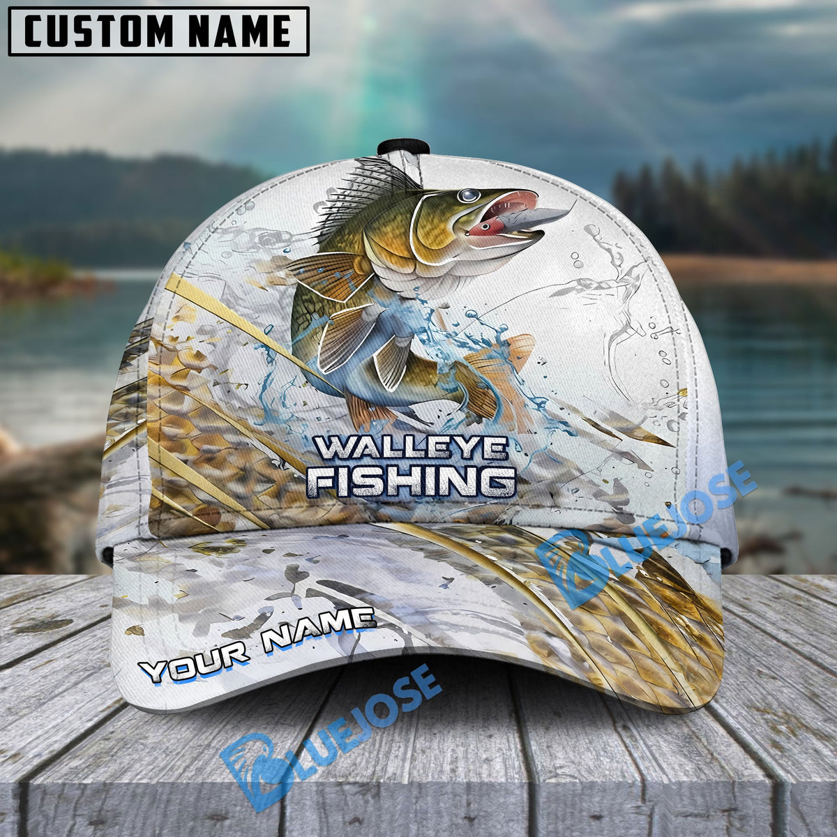 BlueJose Fishing Gold Premium Skinfish Pattern Personalized Cap (Bass, Trout, Walleye, Mahi-Mahi, Striped Bass, Crappie, Pike, Salmon)