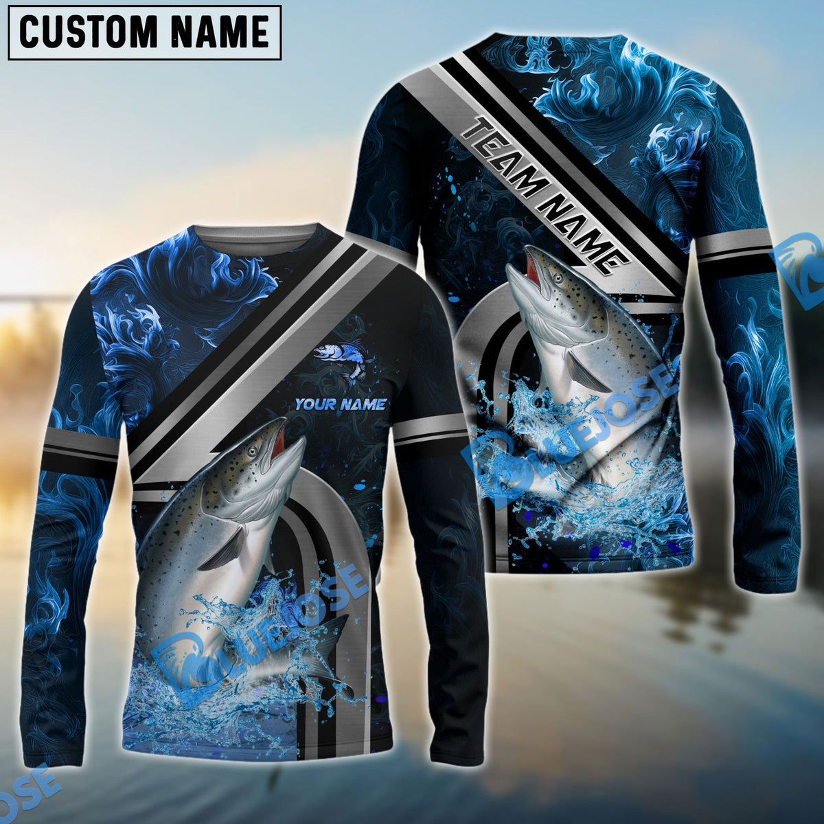 BlueJose Salmon Fishing Ocean Wave Power Custom Name & Team Name 3D Shirts