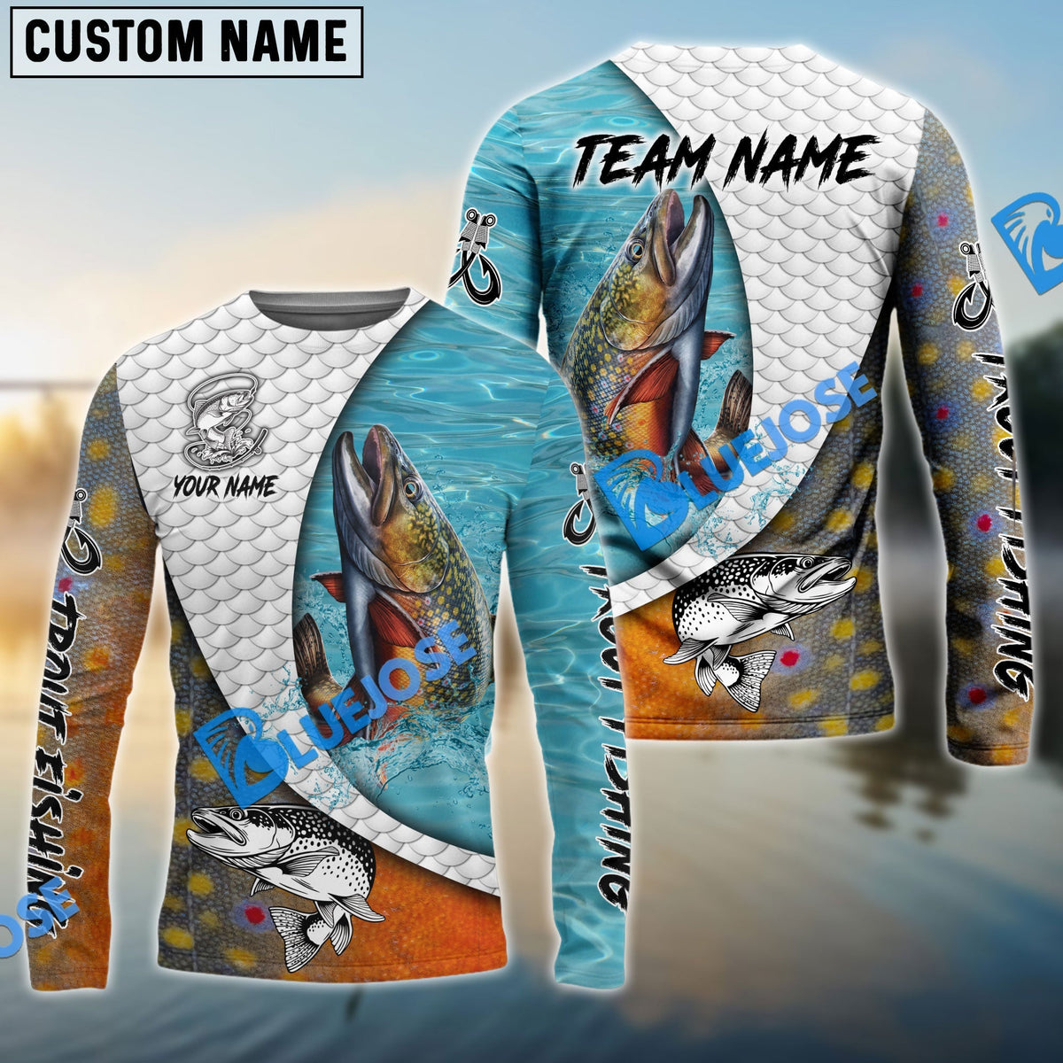 BlueJose Trout Fishing White Skin Diagonal Custom Name & Team Name 3D Shirts