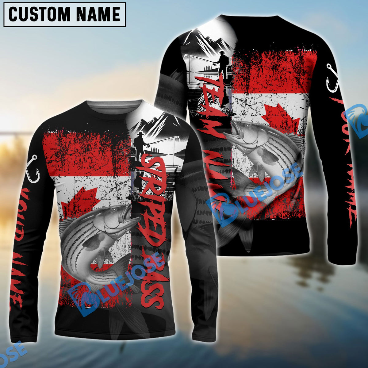 BlueJose Striped Bass Fishing Black Canada Flag Sport Custom Name & Team Name 3D Shirts