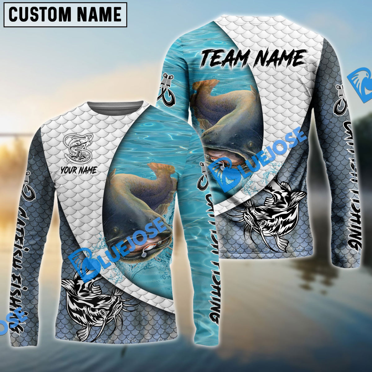 BlueJose Catfish Fishing White Skin Diagonal Custom Name & Team Name 3D Shirts