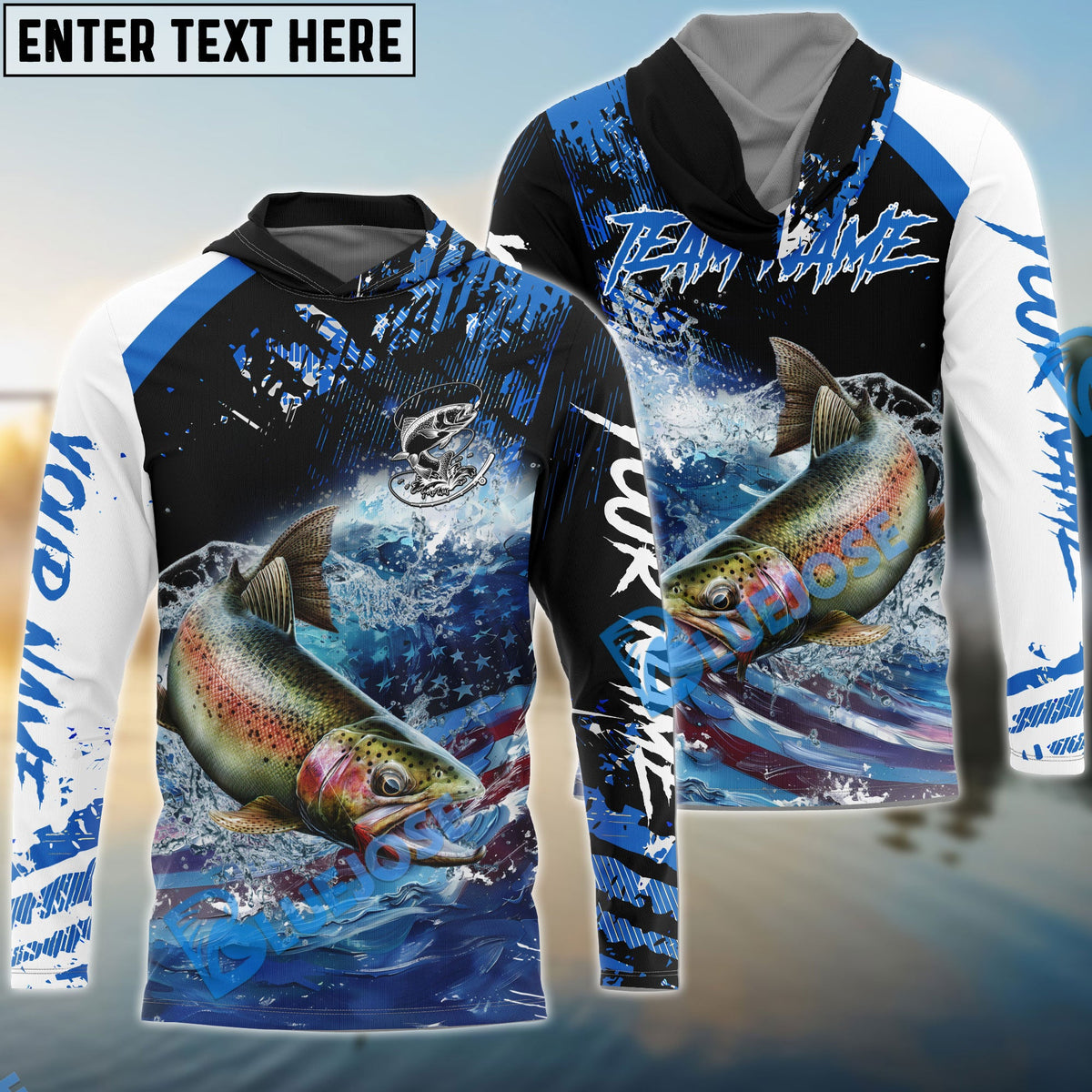 BlueJose Trout Fishing American Flag Blue Seawave Custom Name & Team Name 3D Shirts