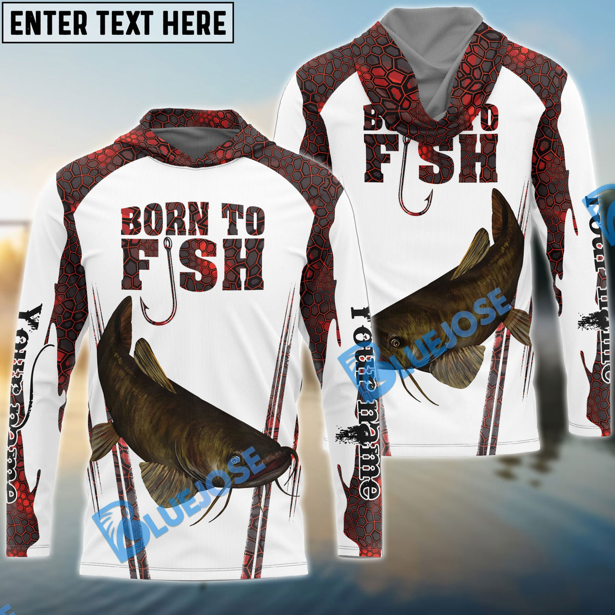 BlueJose "Born To Fish" Catfish Fishing Red Camo Custom Name Fishing Shirts