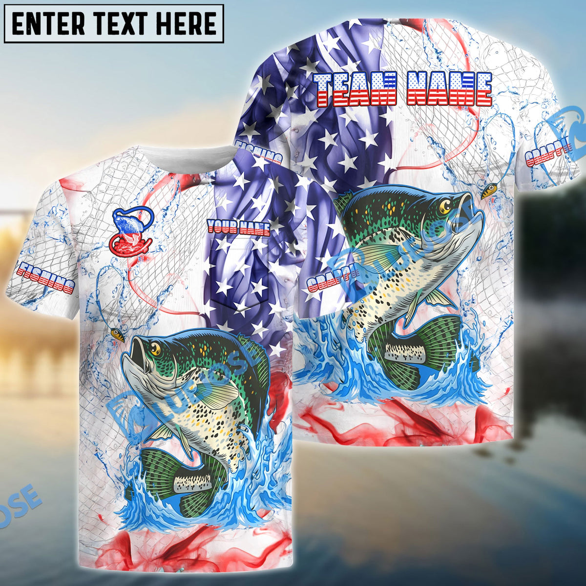 BlueJose Crappie Fishing US Flag Pattern Design Name & Team Name 3D Shirts