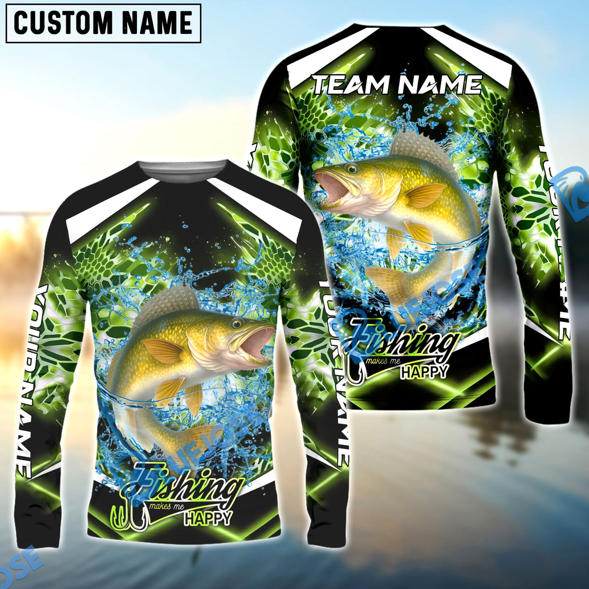 BlueJose Walleye Fishing Green Happy Hook Design Name & Team Name 3D Shirts