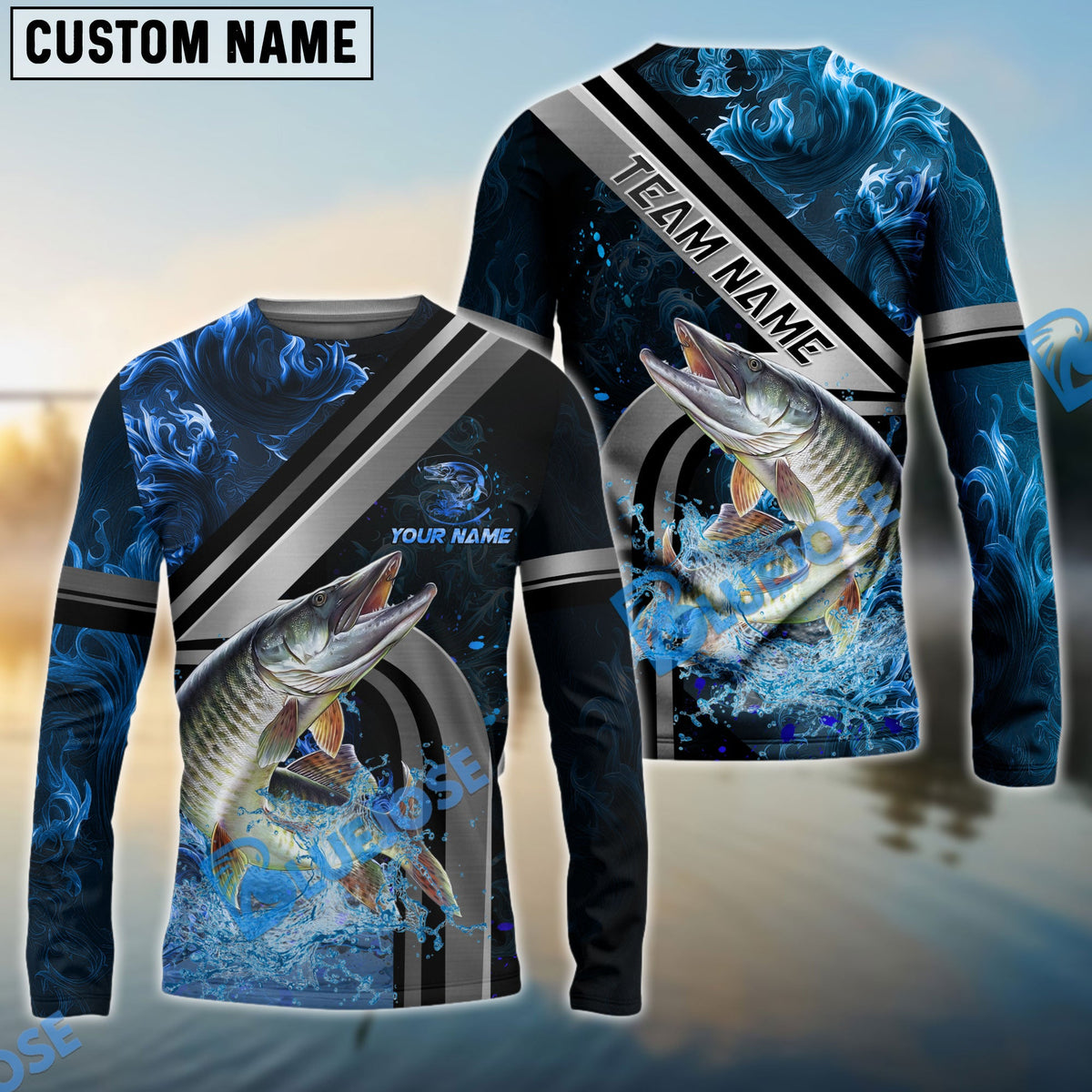BlueJose Musky Fishing Ocean Wave Power Custom Name & Team Name 3D Shirts