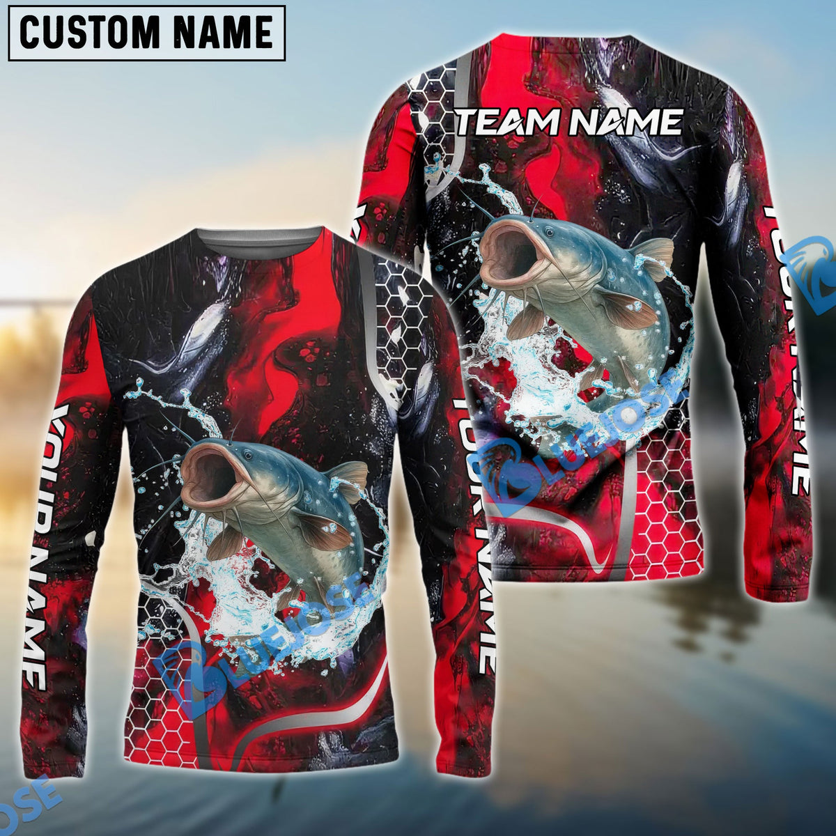 BlueJose Catfish Fishing Red Thunder Custom Name & Team Name 3D Shirts