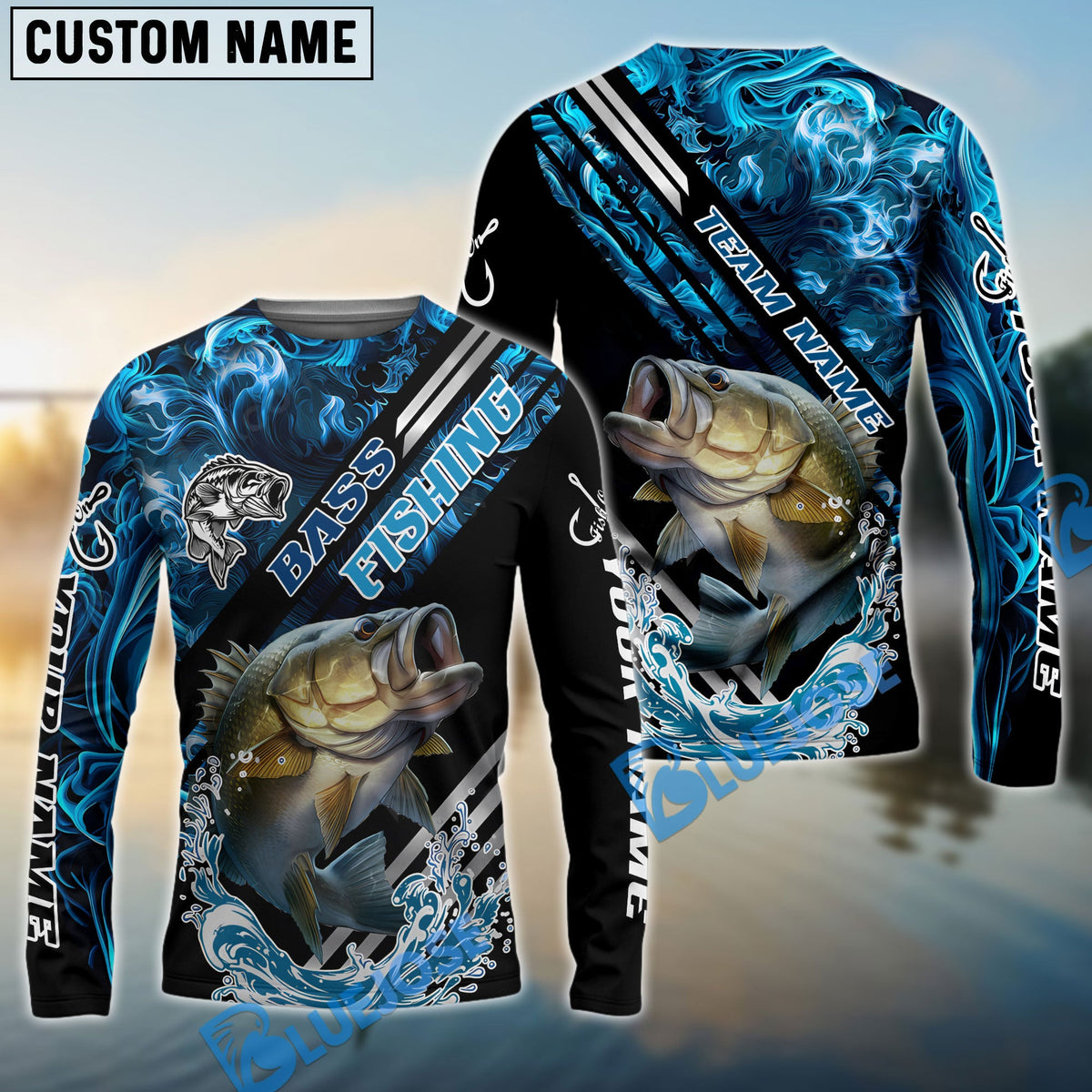 BlueJose Bass Fishing Blue Smoke Water Pattern Custom Name & Team Name 3D Shirts