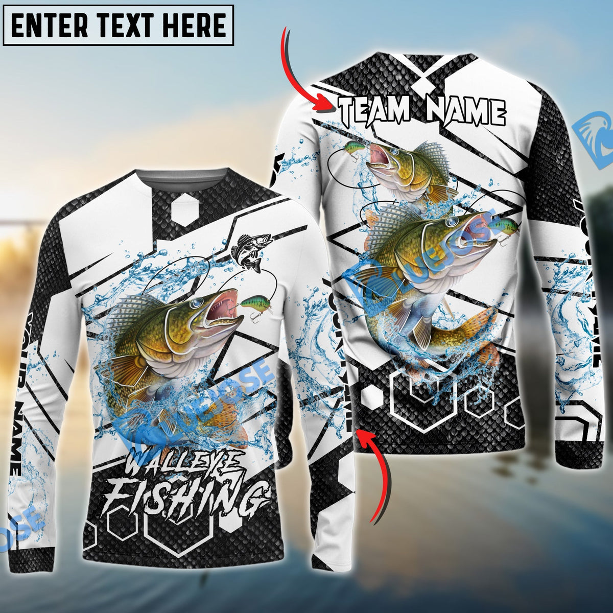 BlueJose Walleye Fishing White Gray Black Hexagon Sport Custom Name & Team Name 3D Shirts