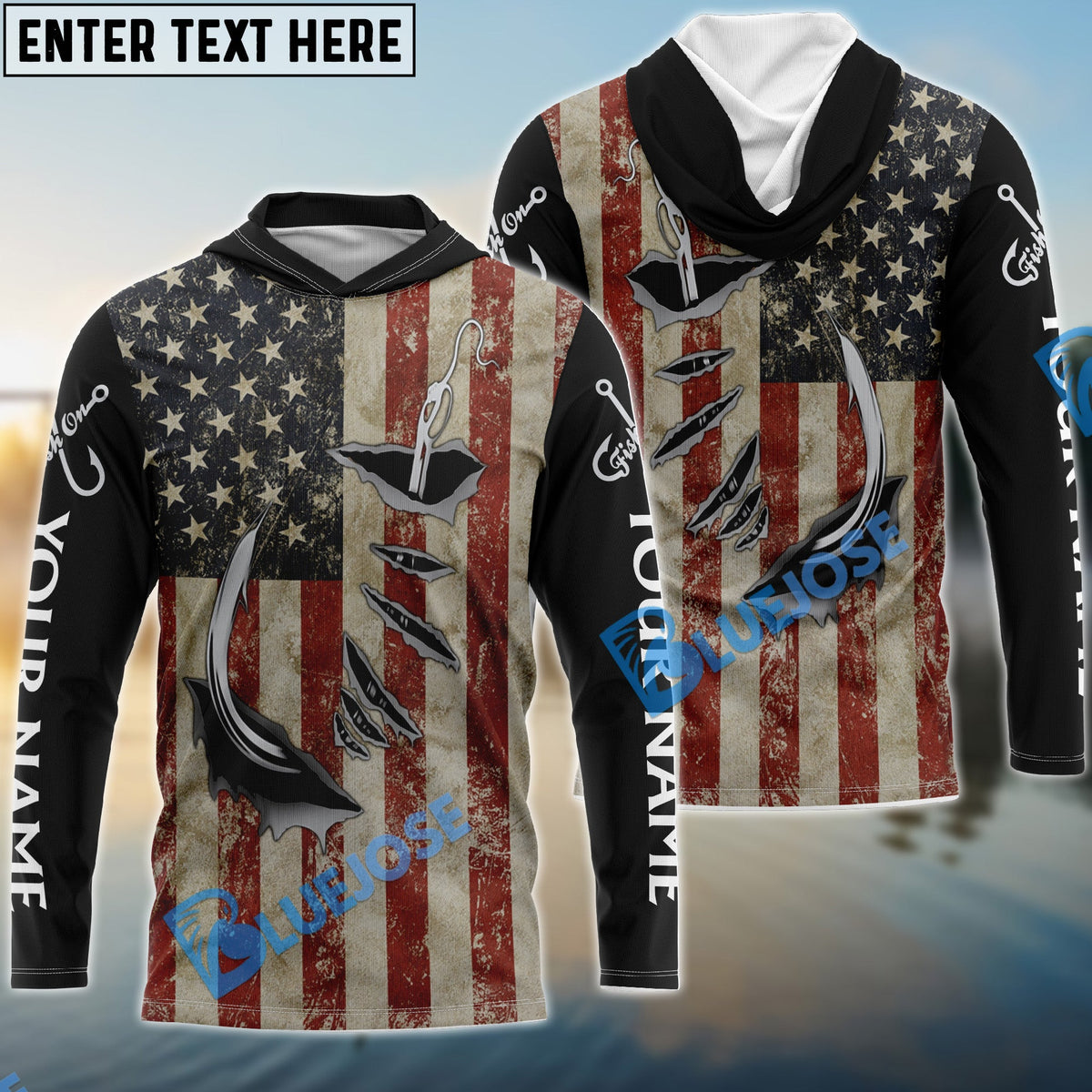 BlueJose Us Fishing 3D Fish Hook American Flag Patriotic Fish On   Quick Dry Customize Name Long Sleeves Shirts