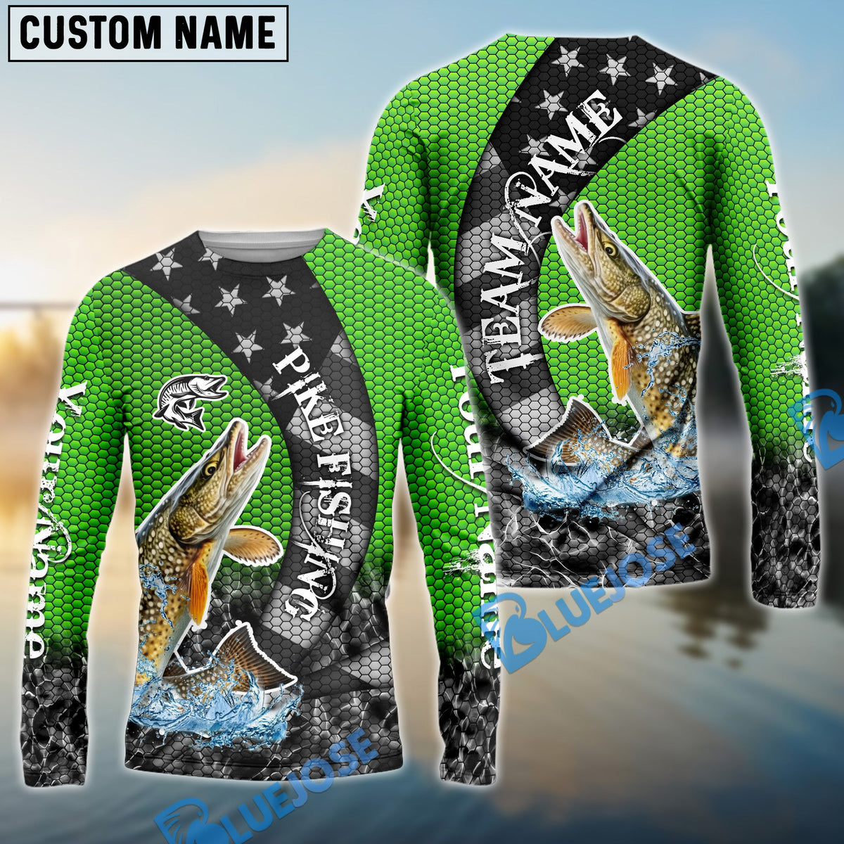 BlueJose Pike Fishing American Flag Green Stars Custom Name & Team Name 3D Shirts