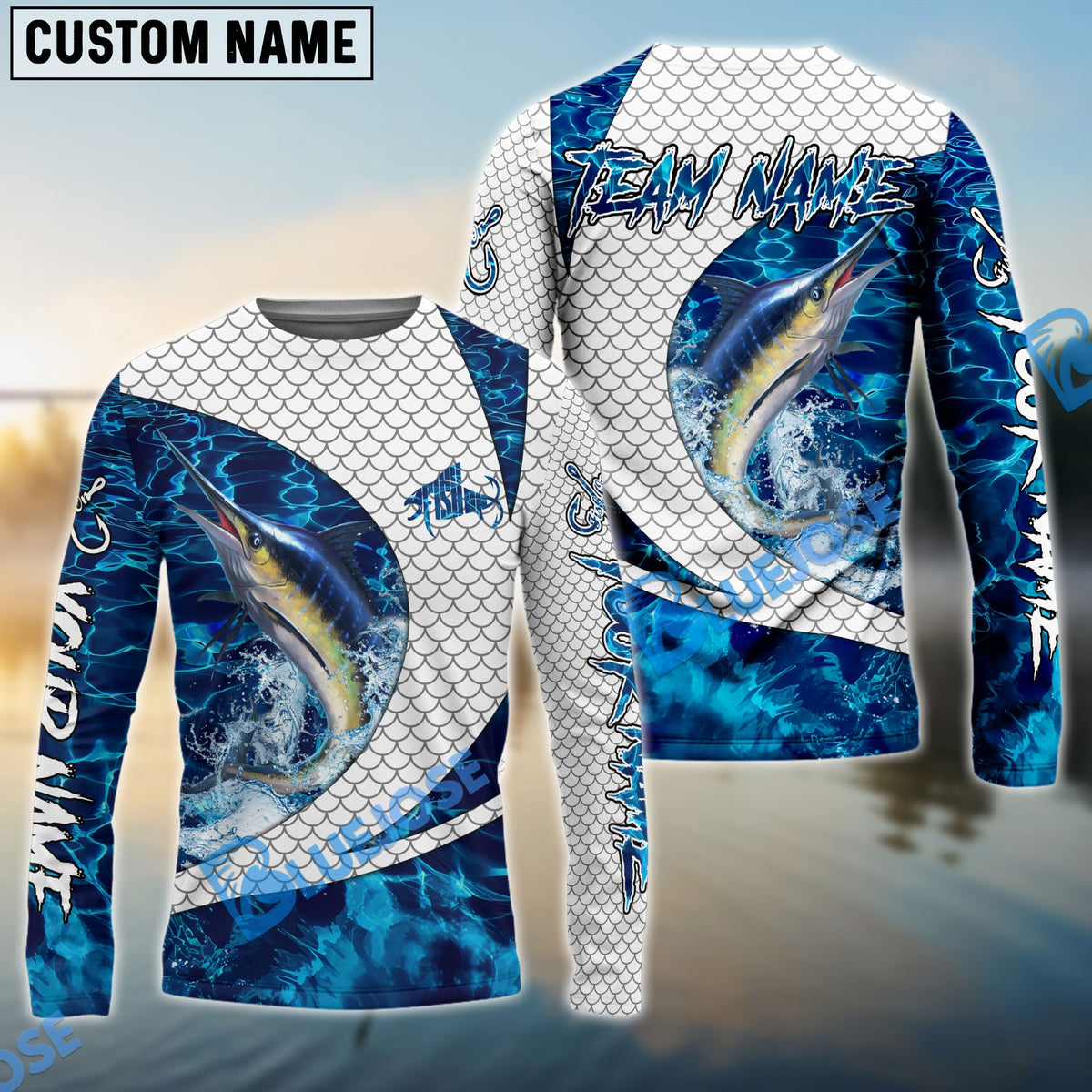 BlueJose Marlin Fishing Blue Wave Dynamic Sport Design Custom Name & Team Name 3D Shirts