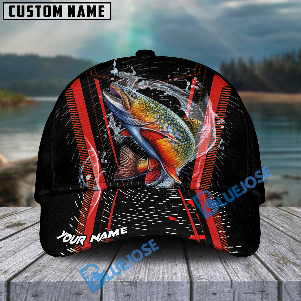 BlueJose Fishing Jumping Splash Action Red Black Tech Design Personalized Cap (13 Breeds)