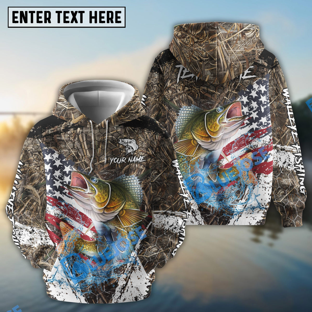 BlueJose Walleye Fishing American Flag Scratch Grass Camo Custom Name & Team Name 3D Shirts