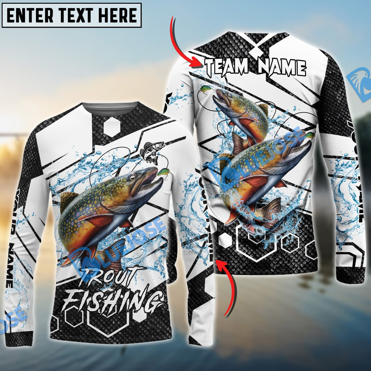 BlueJose Trout Fishing White Gray Black Hexagon Sport Custom Name & Team Name 3D Shirts