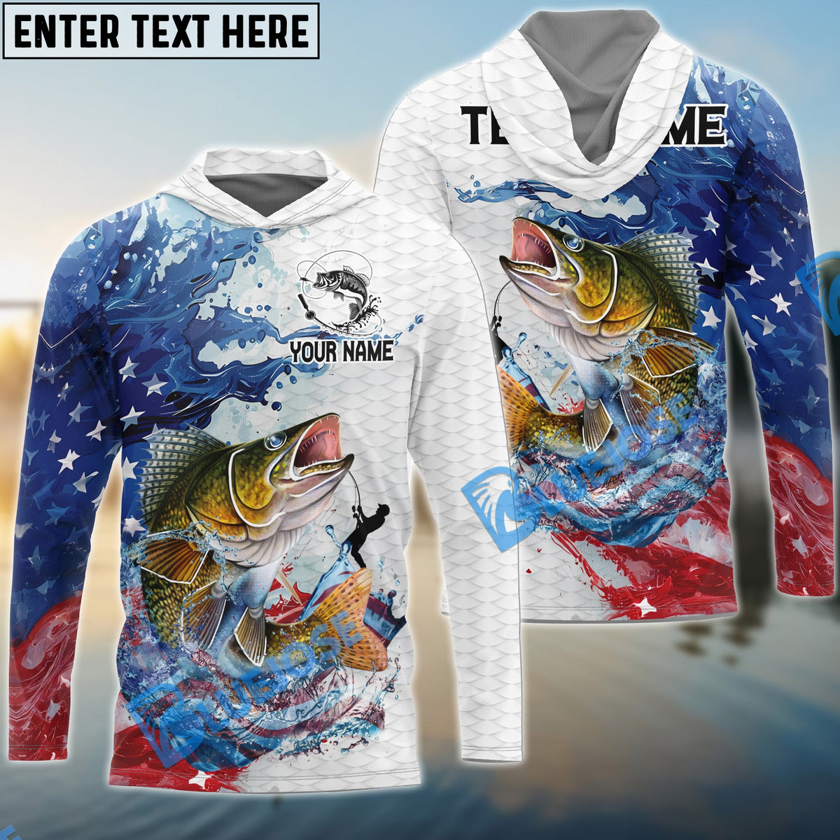 BlueJose Walleye Fishing Patriotic American Flag Wave White Skin Custom Name & Team Name 3D Shirts