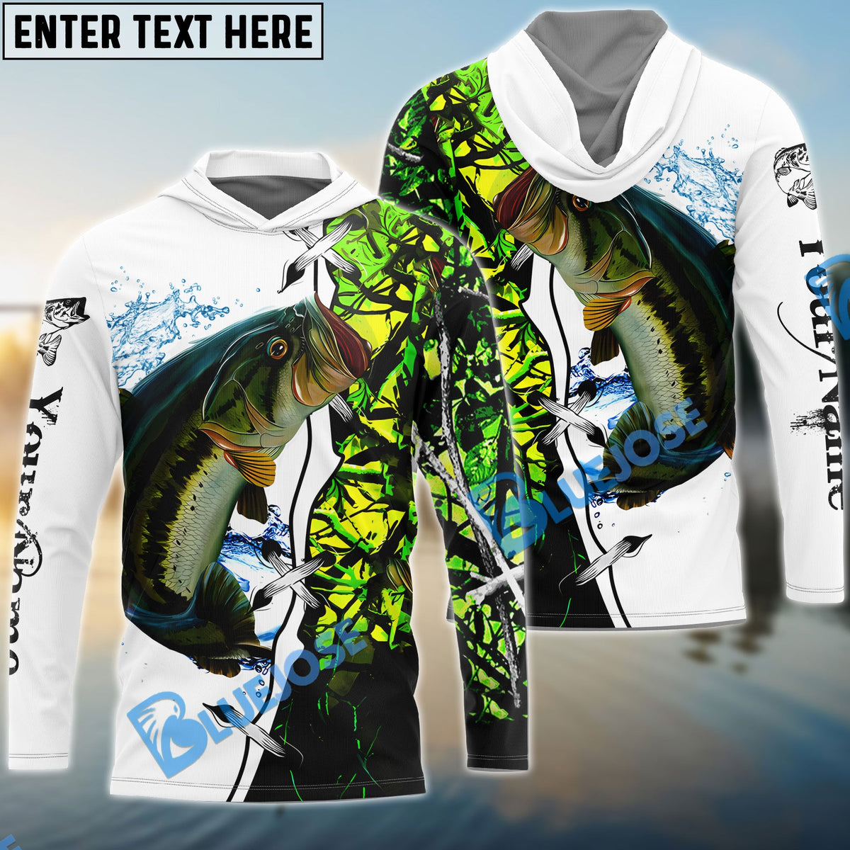 BlueJose Largemouth Bass Fishing Green Camouflage Custom Name Performance Long Sleeve Fishing Shirts