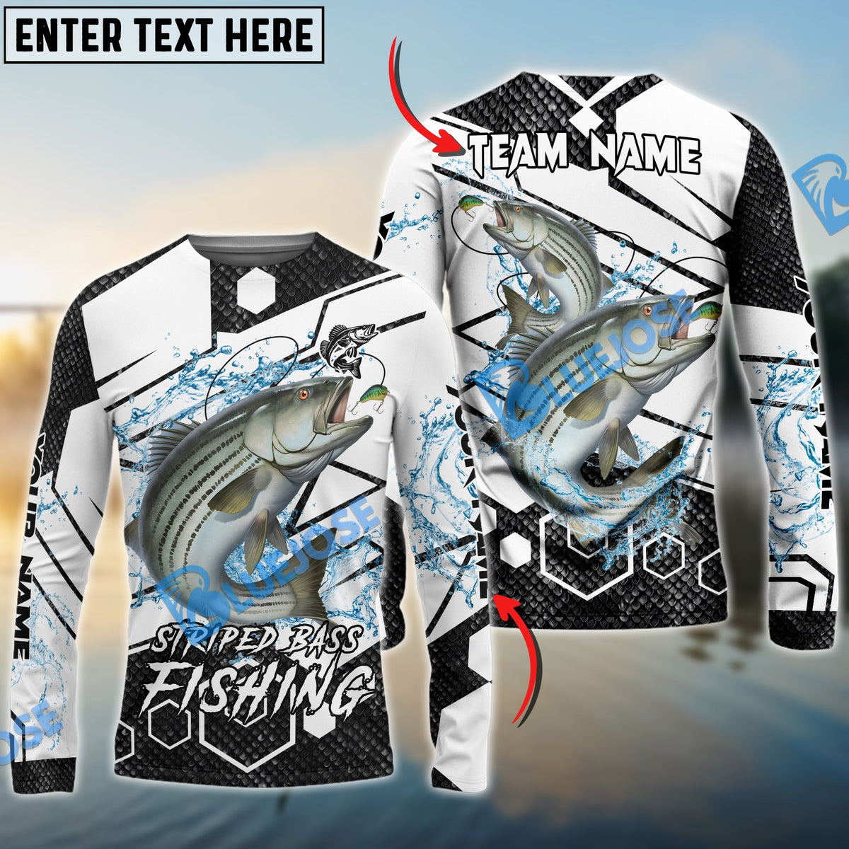 BlueJose Striped Bass Fishing White Gray Black Hexagon Sport Custom Name & Team Name 3D Shirts