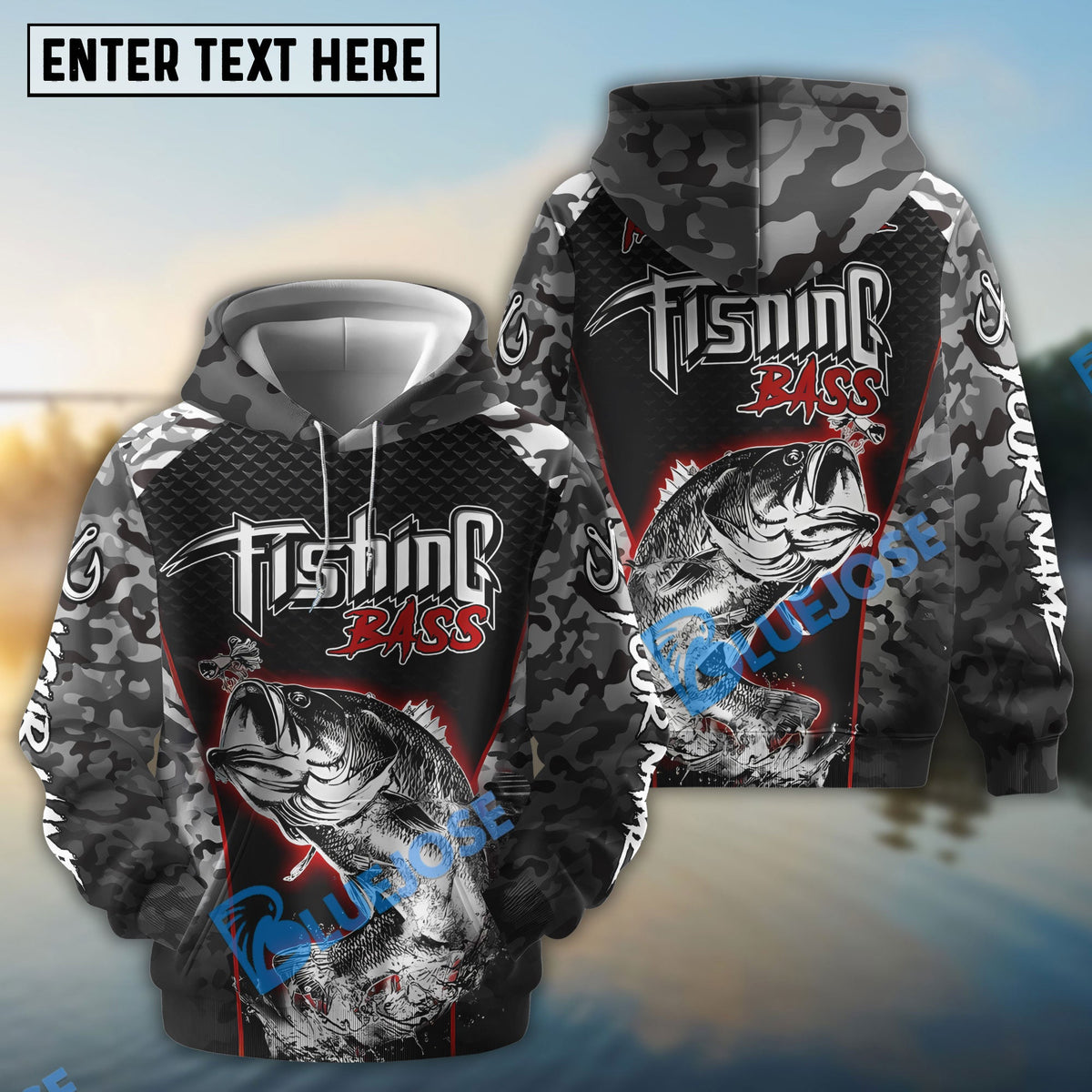 BlueJose Bass Fishing Aggressive Red Splash Camo Pattern Sport Custom Name & Team Name 3D Shirts