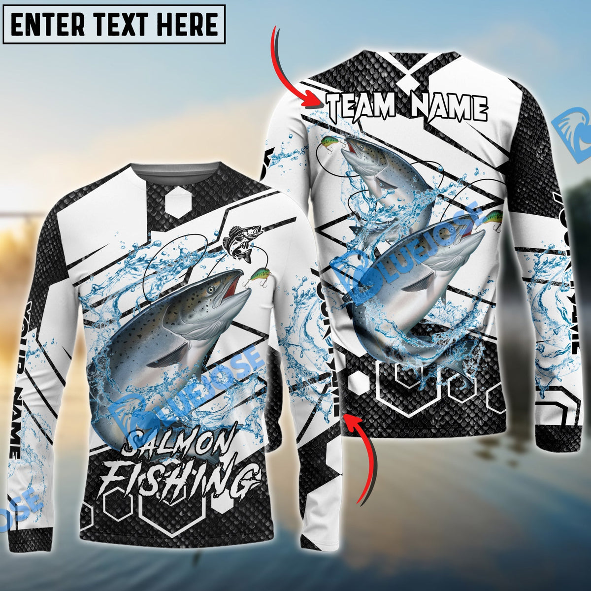 BlueJose Salmon Fishing White Gray Black Hexagon Sport Custom Name & Team Name 3D Shirts