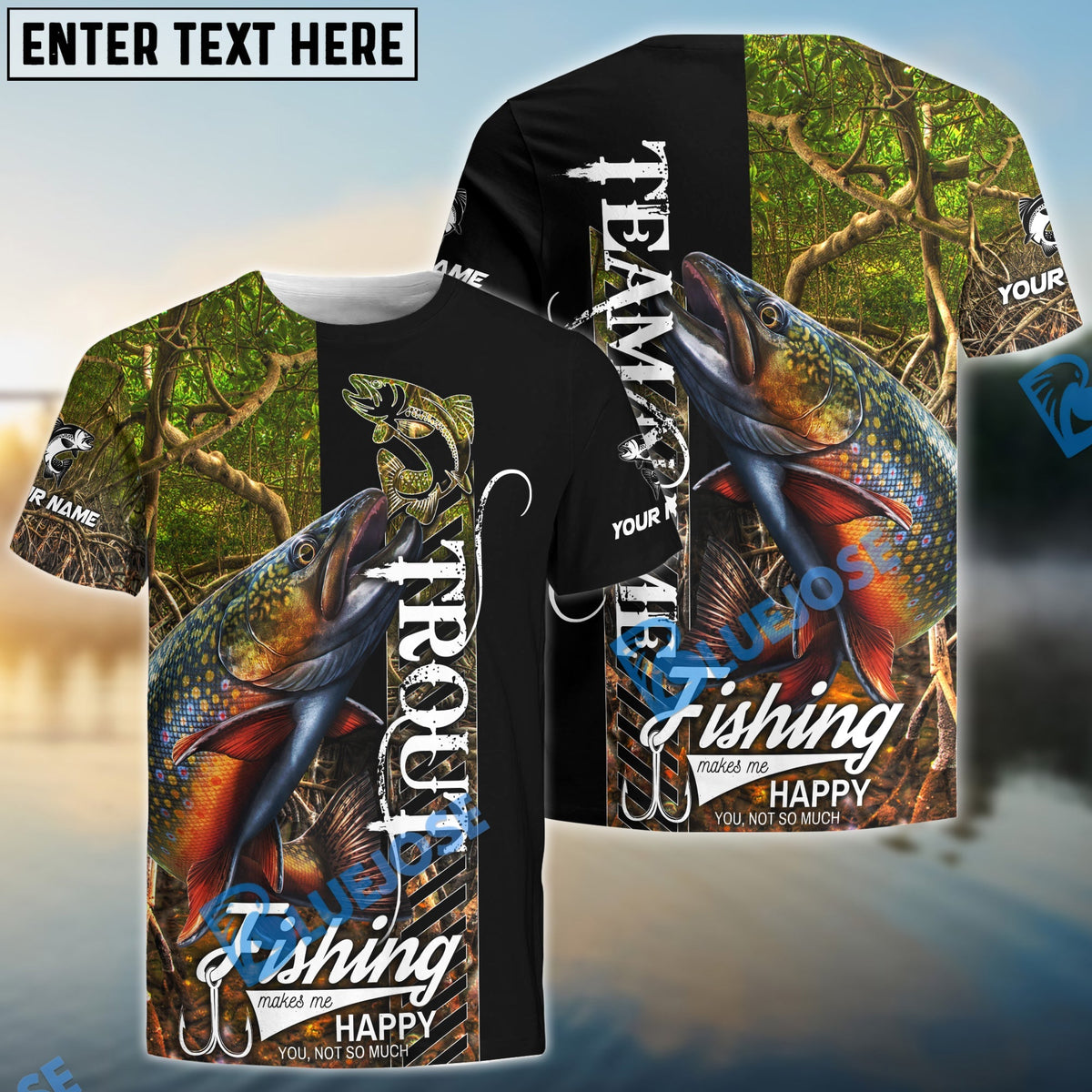 BlueJose Trout Fishing Jungle Camo Custom Name & Team Name 3D Shirts