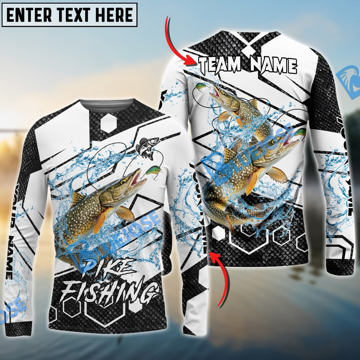 BlueJose Pike Fishing White Gray Black Hexagon Sport Custom Name & Team Name 3D Shirts