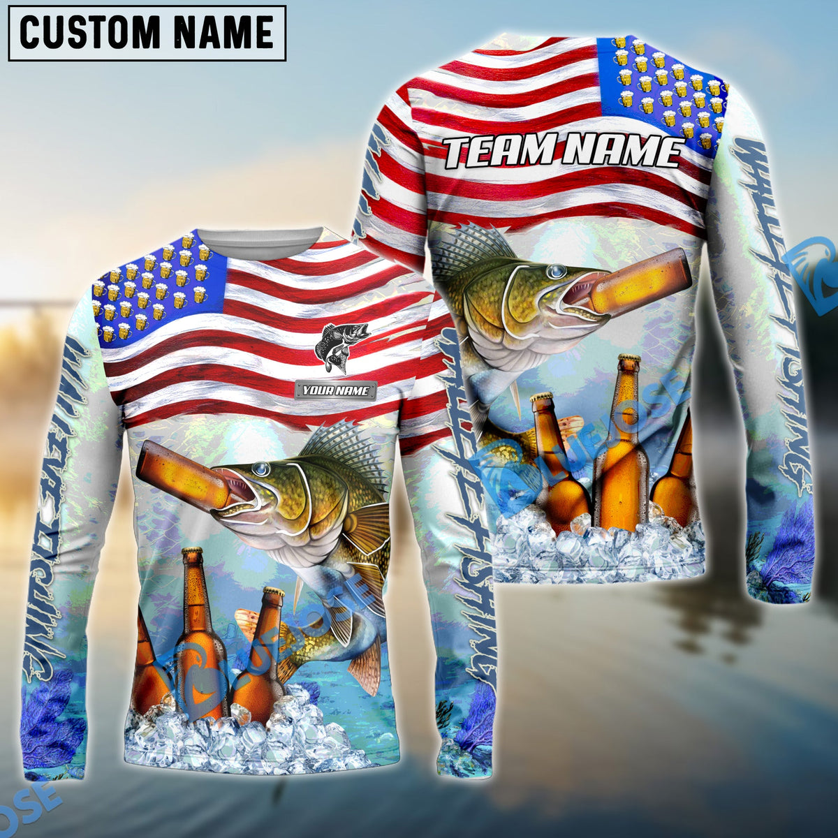 BlueJose Walleye Fishing American Flag Beer Custom Name & Team Name 3D Shirts