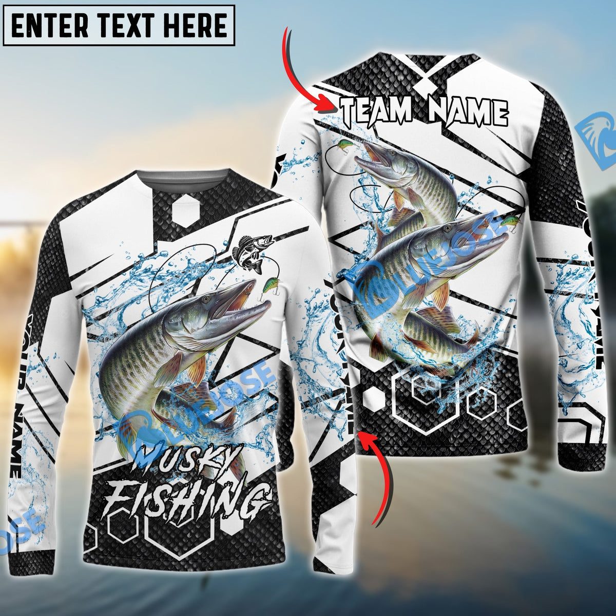 BlueJose Musky Fishing White Gray Black Hexagon Sport Custom Name & Team Name 3D Shirts