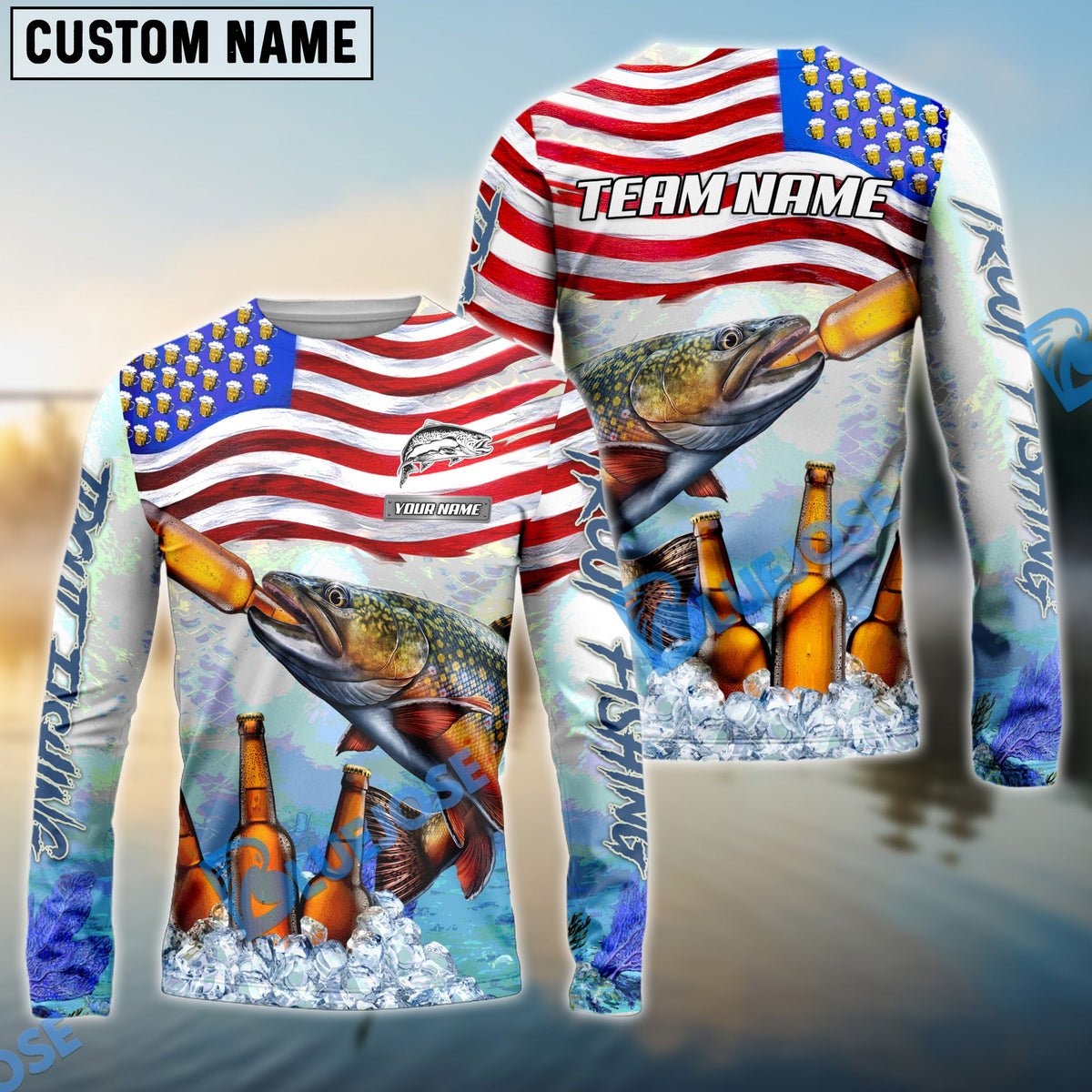 BlueJose Trout Fishing American Flag Beer Custom Name & Team Name 3D Shirts